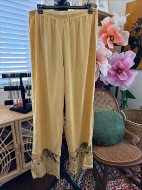 Vintage 90s/Y2K Studio G Sport Yellow Linen Blend Wide Leg Flowy Resort Pants